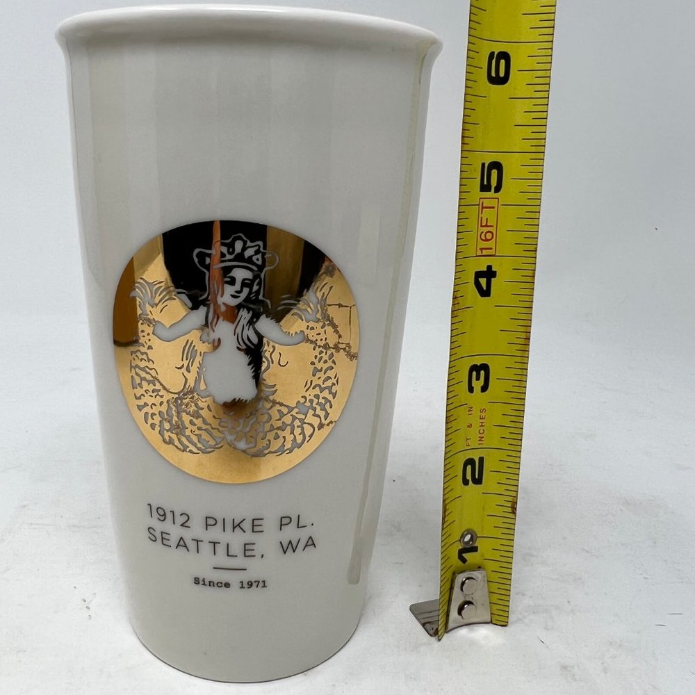 (SOLD)Starbucks Coffee White Porcelain and Gold Graphic Mug w/ Lid and Box - Picture 10 of 12